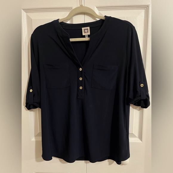 Anne Klein Tops - Anne Klein Navy Blue 3/4 Length Sleeve Top with Gold Buttons Size Medium
